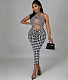Houndstooth Print Halter Hollow Out Party Dresses YNS-1697
