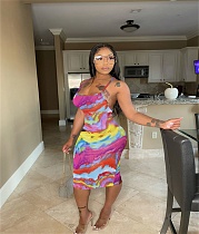 Tie Dye Spaghetti Strap Backless High Waist Sexy Dress YNS-1646