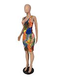 Tropical Print Sleeveless V Neck Slim Pencil Dresses ZAND-31220