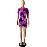 Short Sleeve Printed Front Zipper Bodycon Rompers YNS-1651
