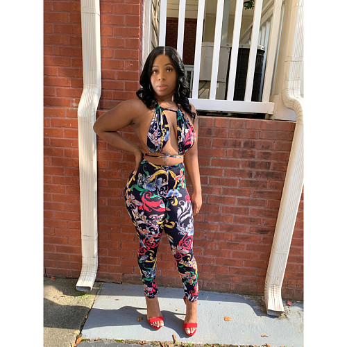 Halter Bandage Backless Crop Top Leggings Set JZH-8050