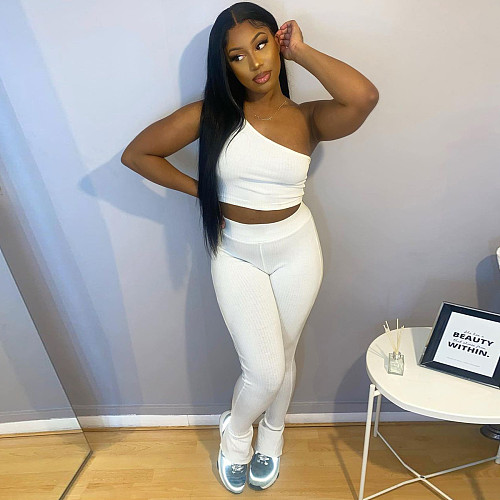 Knitted Skew Collar Crop Top Leggings 2 Piece Pants Set YNS-1660