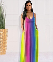 V-neck Rainbow Tie-dye Striped Boho Slip Dresses JLY-19412