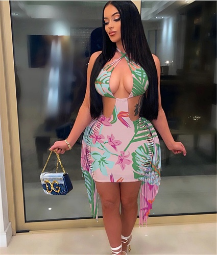 Sexy Halter Cleavage Backless Lace Up Tassel Dresses MDF-5325