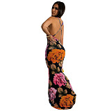5XL Floral Print Elegant Backless Plus Size Maxi Dress OSS-22259