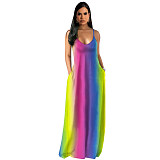 V-neck Rainbow Tie-dye Striped Boho Slip Dresses JLY-19412
