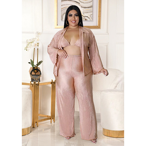 Long Sleeve Shirt Cardigan Wide Leg Pants 3 Piece Sets ASL-7083