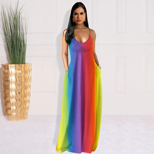 V-neck Rainbow Tie-dye Striped Boho Slip Dresses JLY-19412