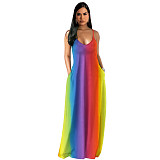 V-neck Rainbow Tie-dye Striped Boho Slip Dresses JLY-19412
