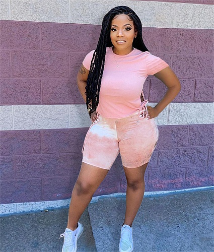 Side Lace Up Y Shirt Joggers Shorts Matching Set HMS-5477