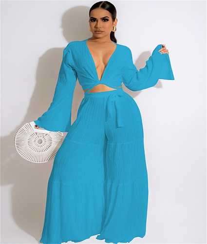 Lace Up Flare Sleeve Crop Top Wide Leg Pants Suit MEM-88450