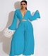Lace Up Flare Sleeve Crop Top Wide Leg Pants Suit MEM-88450
