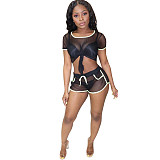 Mesh See-through Crop Top Biker Shorts Two Piece Set HMS-5225