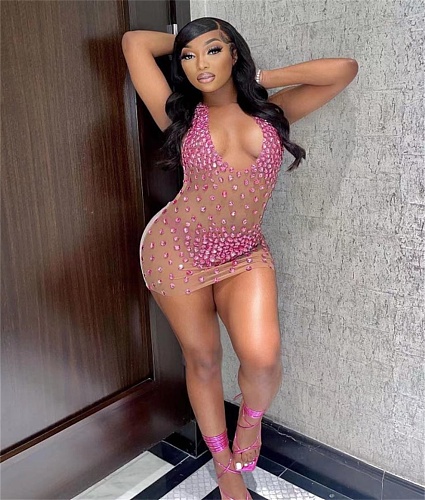 Deep V Halter Party Pink Rhinestone Mesh Dress OD-8506