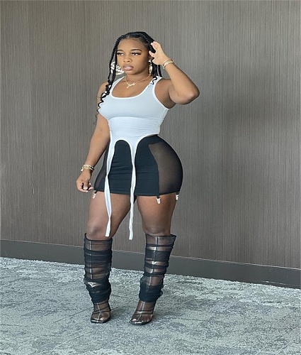Tank Crop Top and Mesh Patchwork Skirts Two Piece Set NM-8521