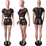 Mesh See-through Crop Top Biker Shorts Two Piece Set HMS-5225