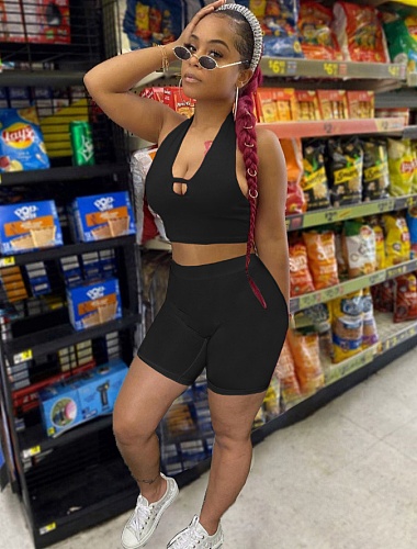 Halter Crop Top Joggers Shorts Summer 2 Piece Sets NM-8522