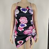 Floral Print Drawstring Ruched Plus Size Dresses XMY-9363