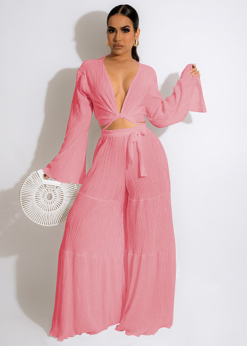 Lace Up Flare Sleeve Crop Top Wide Leg Pants Suit MEM-88450