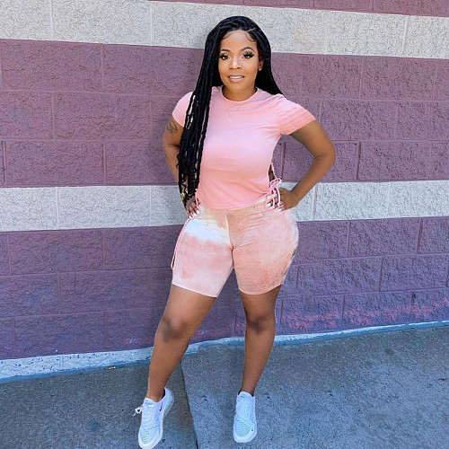 Side Lace Up Y Shirt Joggers Shorts Matching Set HMS-5477