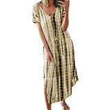 Tie Dye Print V Neck Loose Shorts Sleeve Maxi Dress HX-1032