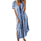 Tie Dye Print V Neck Loose Shorts Sleeve Maxi Dress HX-1032
