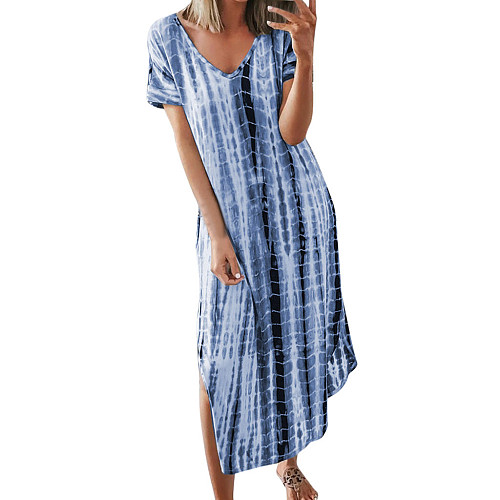 Tie Dye Print V Neck Loose Shorts Sleeve Maxi Dress HX-1032