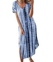 Tie Dye Print V Neck Loose Shorts Sleeve Maxi Dress HX-1032