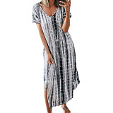 Tie Dye Print V Neck Loose Shorts Sleeve Maxi Dress HX-1032