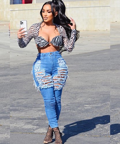 Stretch Butt Lift Ripped Hole Denim Pencil Pants LX-5525