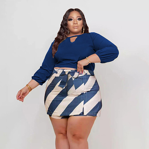 Plus Size Long Sleeve Crop Tops Plaid Skirts Set PINH-13296