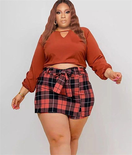 Plus Size Long Sleeve Crop Tops Plaid Skirts Set PINH-13296