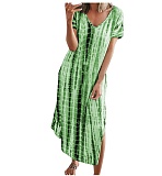 Tie Dye Print V Neck Loose Shorts Sleeve Maxi Dress HX-1032