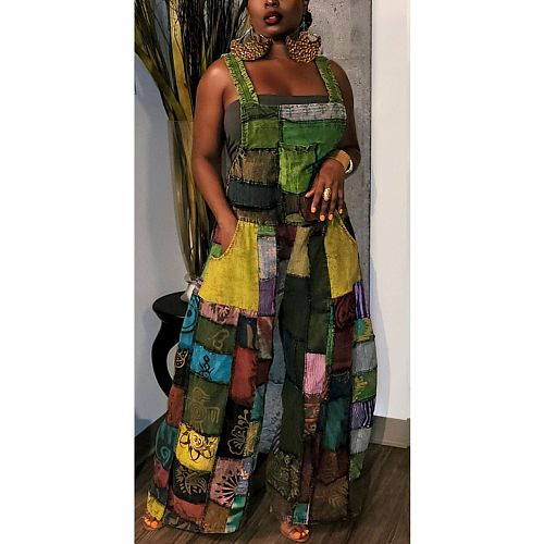 Retro Print Loose Sleeveless Boho Overall Jumpsuits ZAND-31225