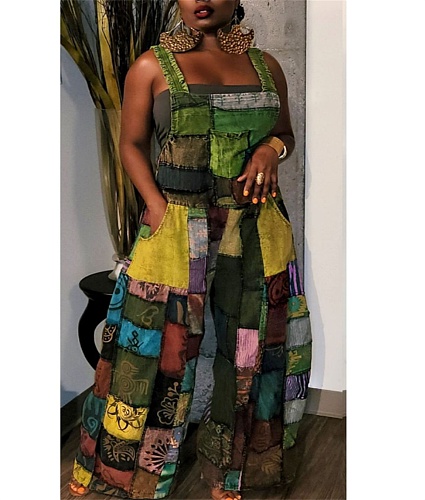 Retro Print Loose Sleeveless Boho Overall Jumpsuits ZAND-31225