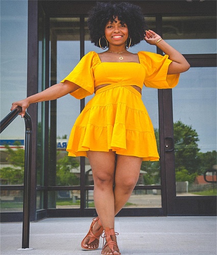 Solid Square Collar Puff Short Sleeve A Line Dresses BGN-260