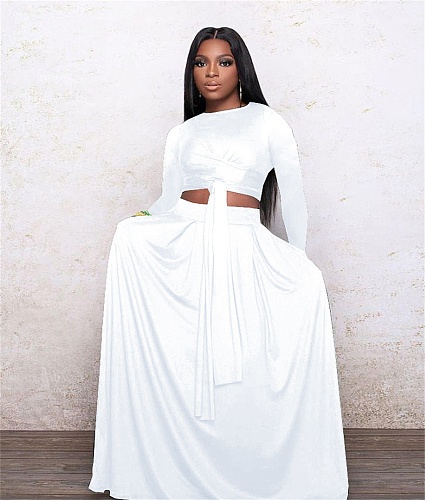 Long Sleeve Lace Up Crop Top Maxi Skirt Two Piece Set PINH-13251