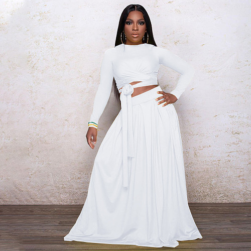 Long Sleeve Lace Up Crop Top Maxi Skirt Two Piece Set PINH-13251