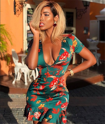 Floral Print Deep V Backless Lace Up Party Dresses BS-1021