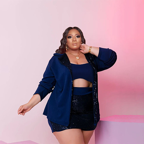 Sequins Patchwork Blazer Mini Skirts 3 Piece Set PINH-13297