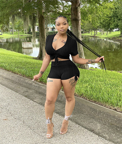 Casual Short Sleeve Crop Top Running Shorts Suit QZX-6261
