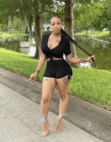 Casual Short Sleeve Crop Top Running Shorts Suit QZX-6261