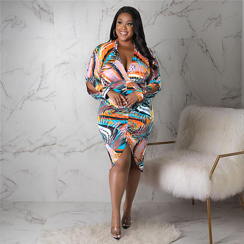 V Neck Long Sleeve Print Ruched Plus Size Dresses ASL-7085