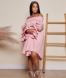 Elegant Slash Neck Ruffles Flare Sleeve Shirt Dress NY-7275
