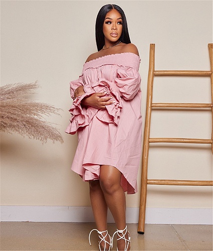 Elegant Slash Neck Ruffles Flare Sleeve Shirt Dress NY-7275