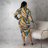 V Neck Long Sleeve Print Ruched Plus Size Dresses ASL-7085