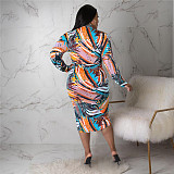 V Neck Long Sleeve Print Ruched Plus Size Dresses ASL-7085