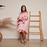 Elegant Slash Neck Ruffles Flare Sleeve Shirt Dress NY-7275