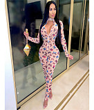Mesh Sheer Butterfly Print Zip Long Sleeve Jumpsuit SH-390379