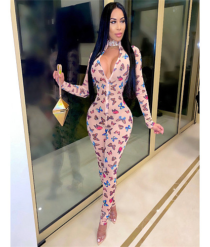 Mesh Sheer Butterfly Print Zip Long Sleeve Jumpsuit SH-390379
